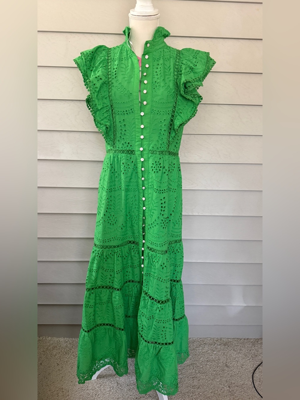 Bright Green Eyelet Button-Front Maxi Dress